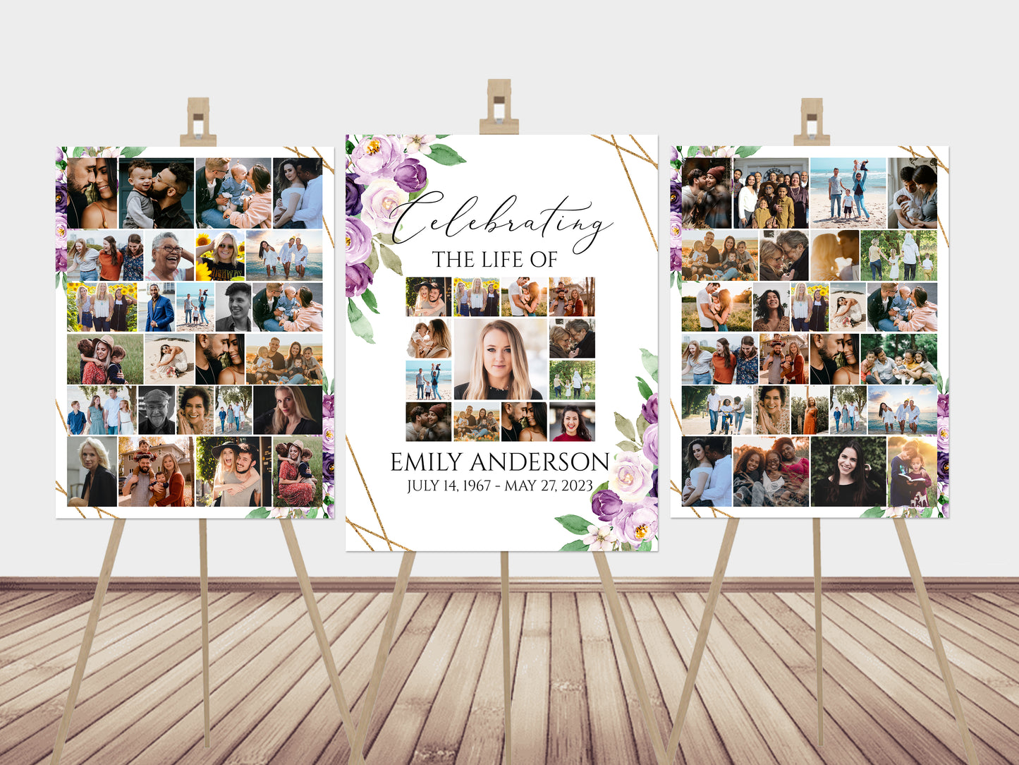 Celebration Of Life Funeral Poster, Editable Purple Photo Collage Funeral Sign, Photo Memorial Sign, Funeral Poster Photo Display Set P1