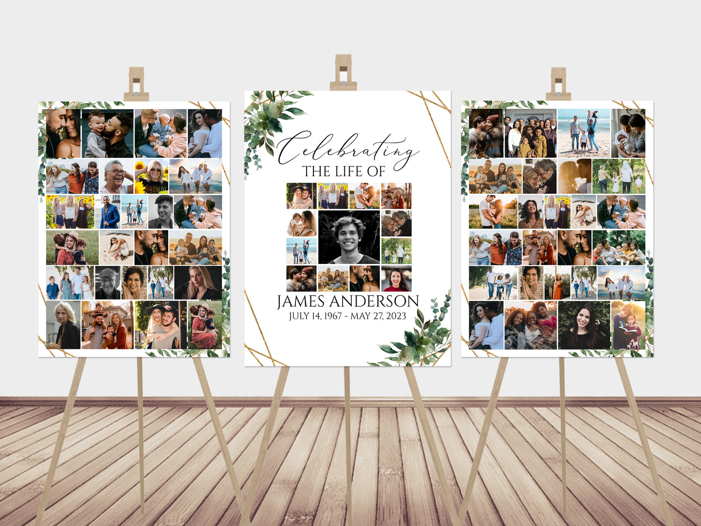 Celebration Of Life Watercolor Greenery Gold Photo Collage Funeral Welcome Sign Templates. Editable Greenery Photo Collage Funeral Poster, Photo Memorial Sign, Funeral Poster Photo Display Set G1