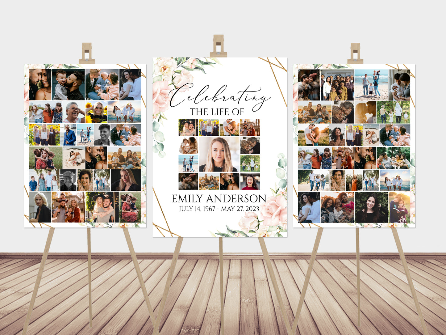 Celebration Of Life Funeral Poster, Editable Blush Pink Roses Photo Collage Funeral Sign, Memorial Sign, Funeral Poster Photo Display Set P4