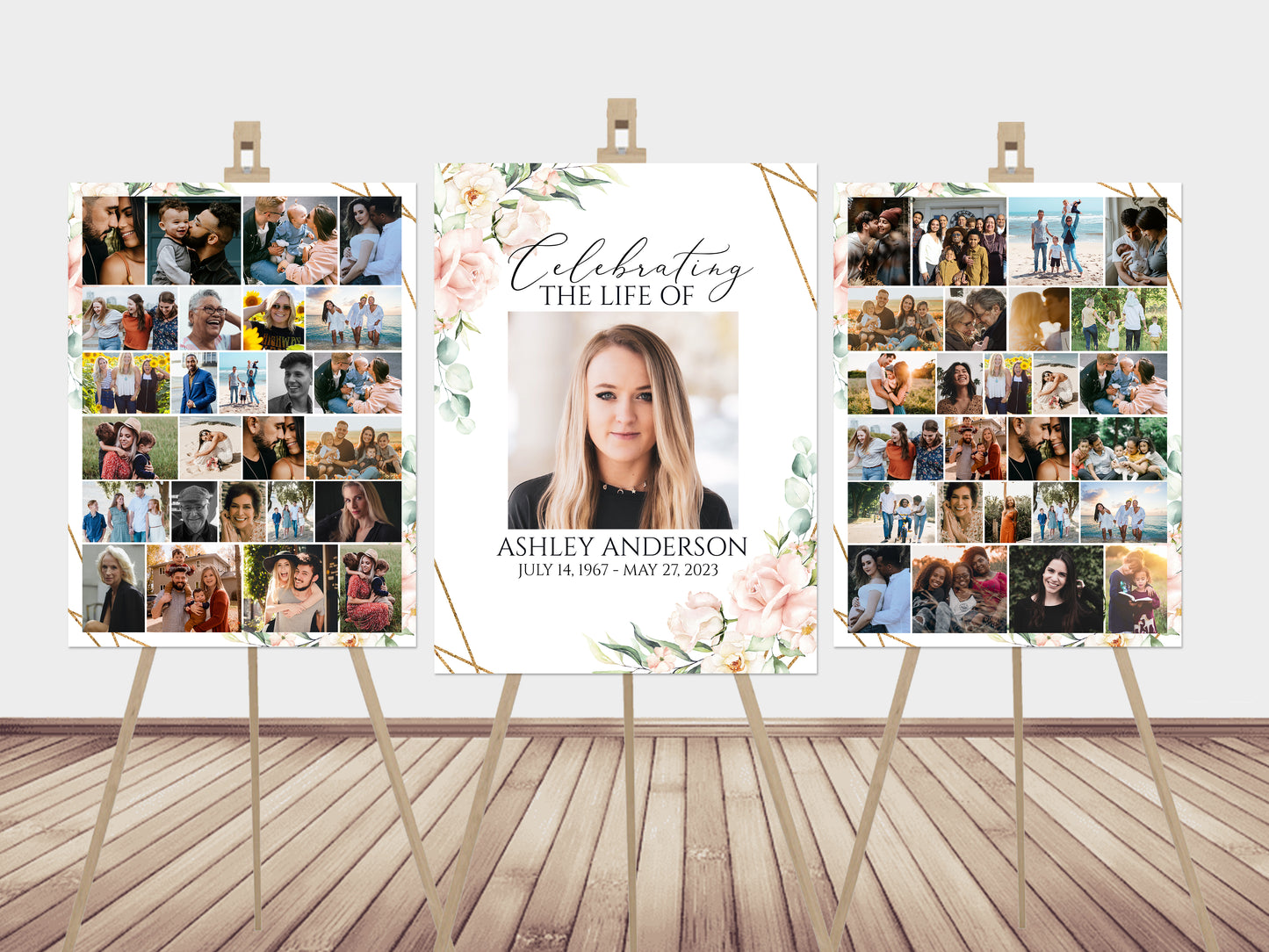 Celebration Of Life Blush Pink Roses Photo Collage Funeral Welcome Sign Template P4