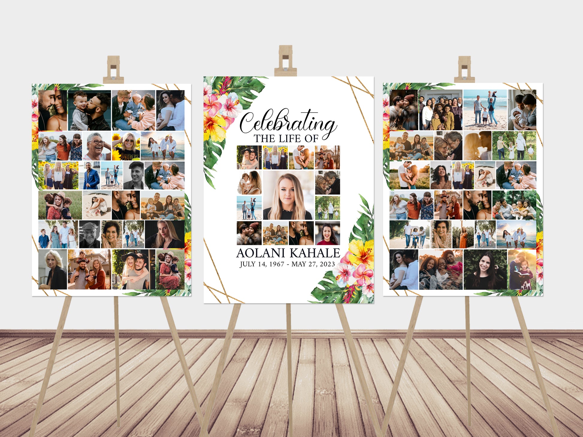 Celebration Of Life Tropical Hawaiian Plumeria Photo Collage Funeral Welcome Sign Template, Photo Memorial Sign, Pink Greenery Hawaiian Funeral Poster Photo Display Set H1