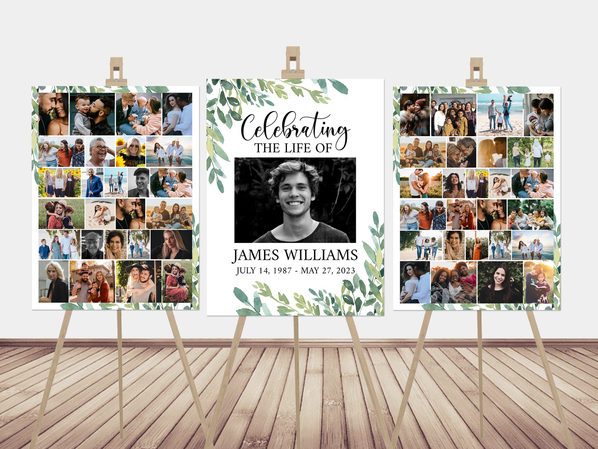 Celebration Of Life Watercolor Greenery Photo Collage Funeral Welcome Sign Templates, Editable Greenery Photo Collage Memorial Sign, Funeral Photo Display Set G2