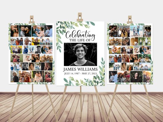 Celebration Of Life Watercolor Greenery Photo Collage Funeral Welcome Sign Templates, Editable Greenery Photo Collage Memorial Sign, Funeral Photo Display Set G2