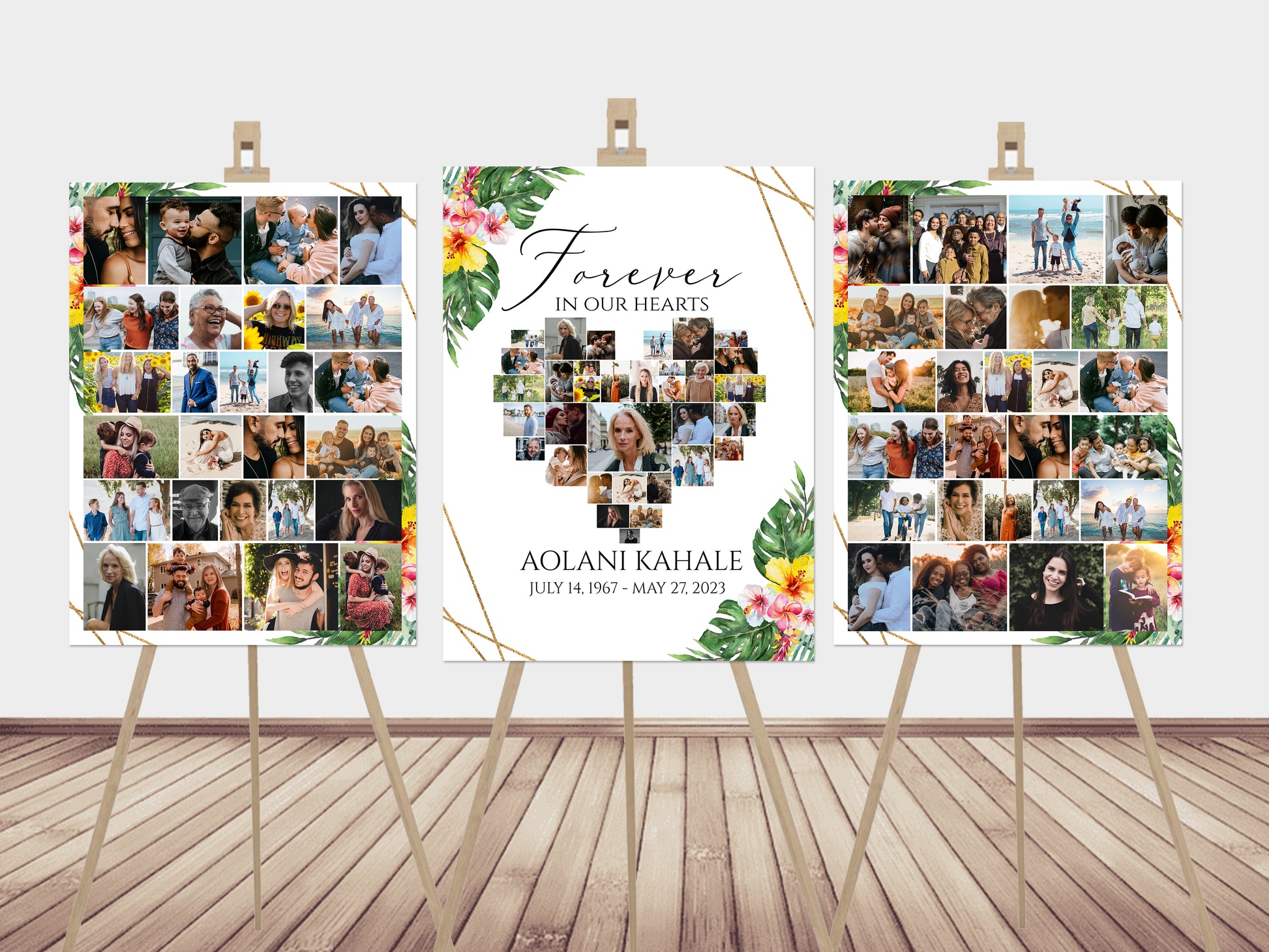 Forever in our Hearts Tropical Hawaiian Plumeria Heart Photo Collage Funeral Welcome Sign Set Templates, Hawaiian Forever in our Hearts Memorial Photo Display Set H1