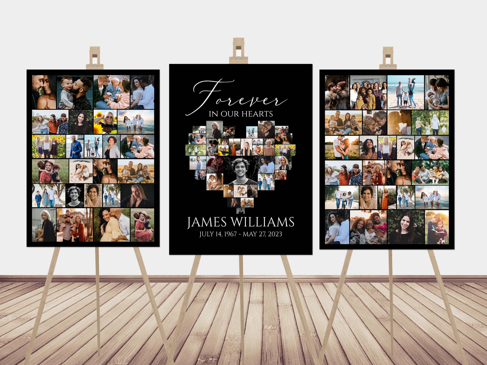 Forever in our Hearts Minimalist Elegant Black Heart Photo Collage Funeral Welcome Sign Set Templates, Black Simple Memorial Photo Display Set