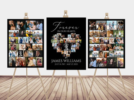 Forever in our Hearts Minimalist Elegant Black Heart Photo Collage Funeral Welcome Sign Set Templates, Black Simple Memorial Photo Display Set