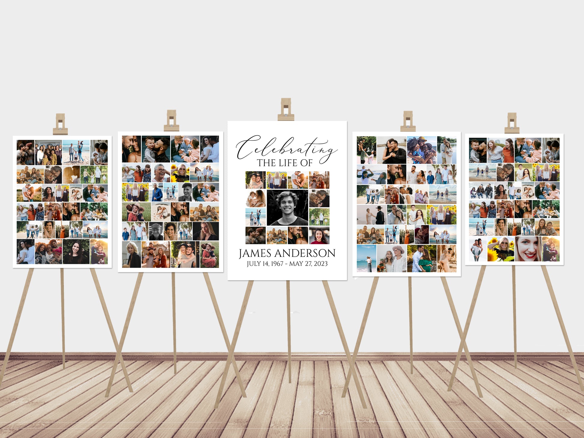 Celebration Of Life Funeral Poster, Editable 5 Photo Collage Funeral Welcome Signs, Memorial Sign Funeral Poster Photo Display Set of 5 S1