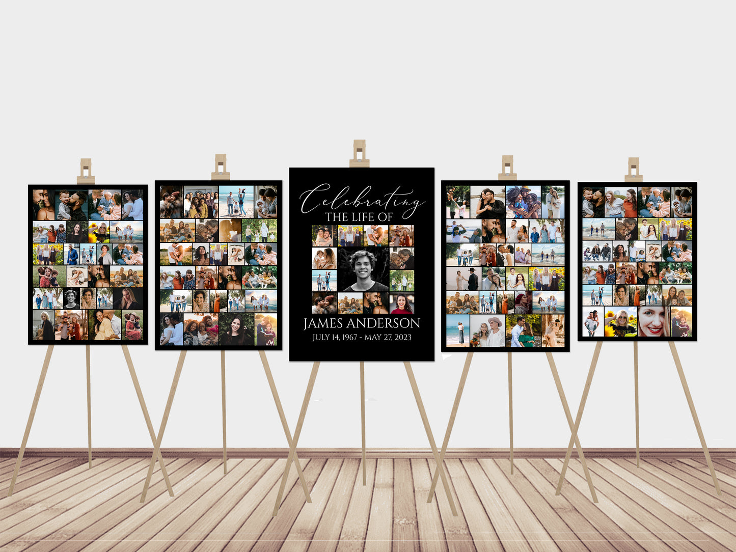 Celebration Of Life Minimalist Elegant Black 5 Photo Collage Funeral Welcome Sign Set Template,  Black Watercolor Memorial Sign Funeral Poster Photo Display Set of 5 