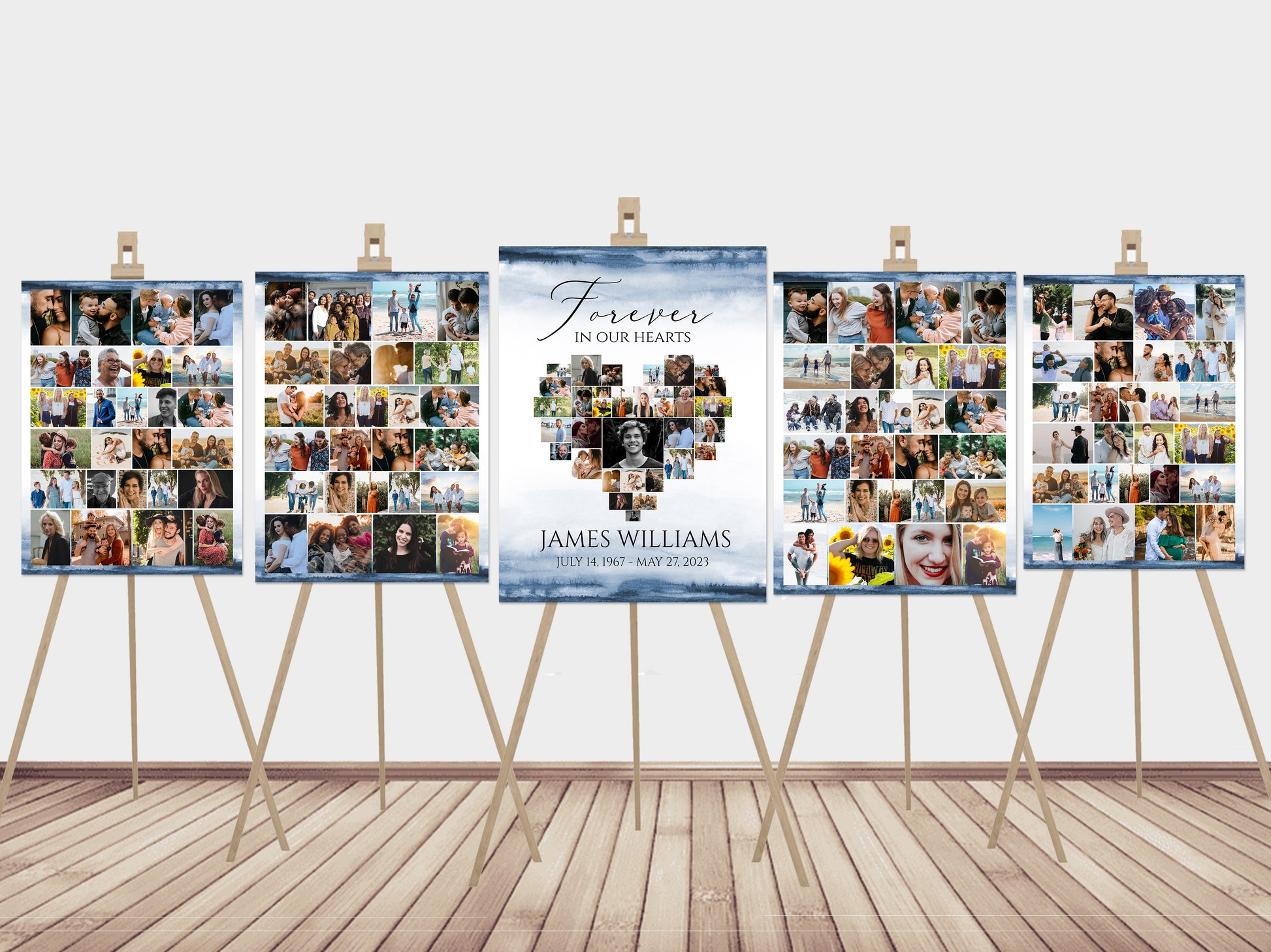 Celebration Of Life Blue Watercolor Funeral Poster, Editable 5 Photo Collage Funeral Welcome Signs, Blue Watercolor Heart Photo Collage 5 Funeral Welcome Sign Templates Forever in our Hearts B4