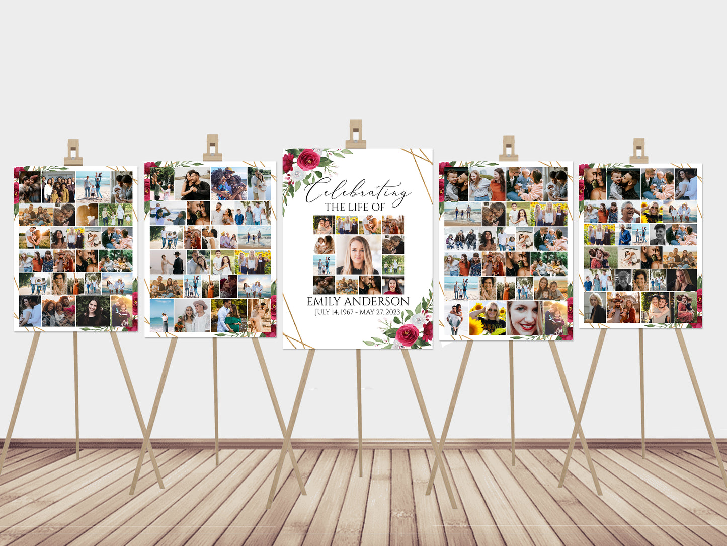 Celebration Of Life White Pink Roses Gold Funeral Photo Collage Funeral Welcome Sign Templates, Photo Memorial Sign, White Pink Roses Funeral Photo Display Set