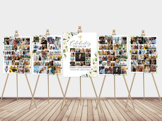 Celebration Of Life White Greenery Floral Gold Cross Photo Collage Funeral Welcome Sign Templates, Photo Memorial Sign, White Greenery Funeral Photo Display Set 