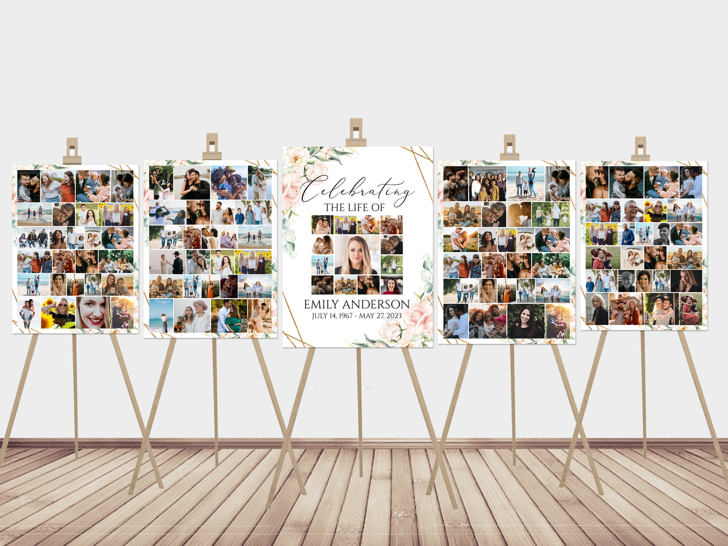 Celebration Of Life Funeral Poster, Blush Pink Roses Collage Funeral Welcome Sign, Photo Memorial Sign, Blush Pink Roses Funeral Photo Display Set P4