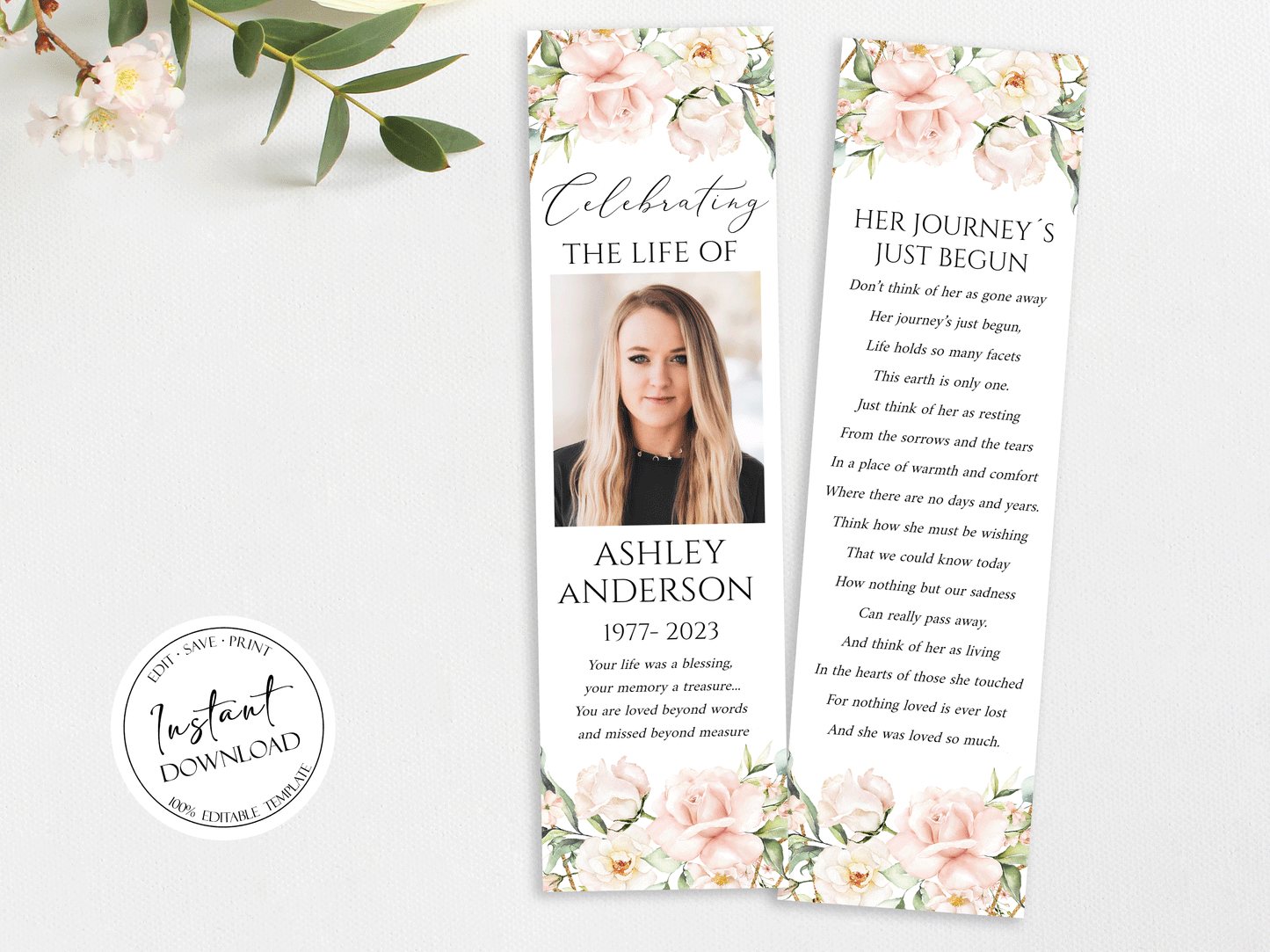 Pink Roses Funeral Bookmark Template, Blush Funeral Bookmark, Funeral Keepsake Cards, Memorial Bookmark, Obituary Bookmark Keepsake Cards P4