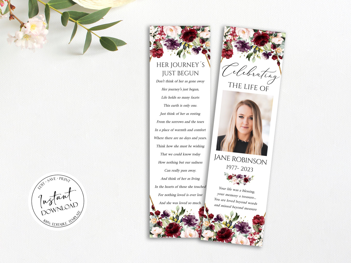 Celebration of Life Red Roses Funeral Bookmark Template R1