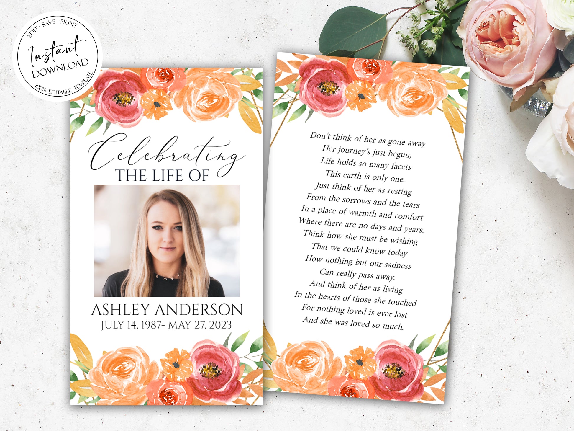 Editable Celebration of life Orange Floral Gold Fall Funeral Prayer Cards Template, Printable Fall Memorial Prayer Card, Autumn Funeral Prayer Card, Orange Catholic Card 