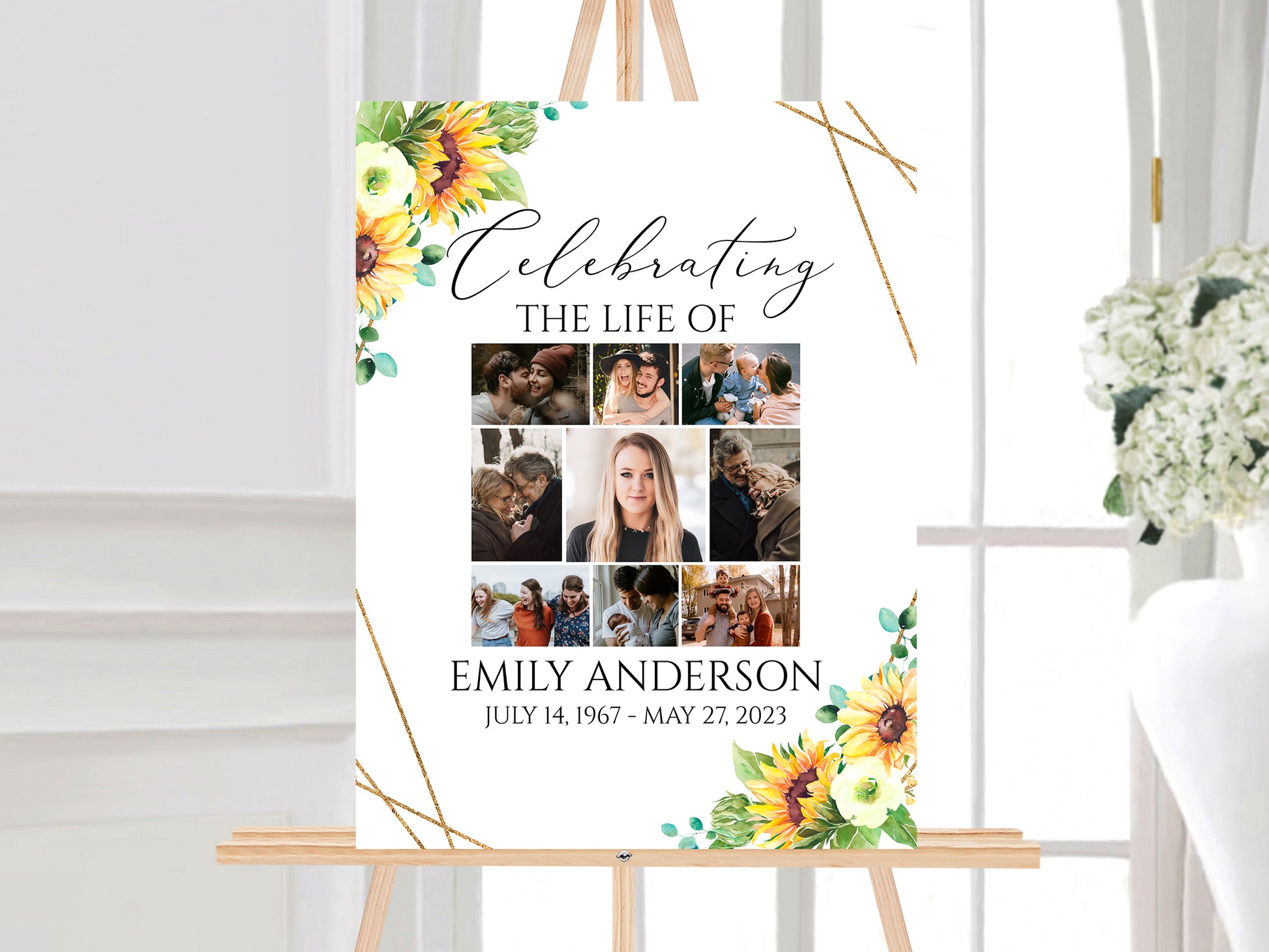 Celebration Of Life Sunflower Photo Collage Funeral Welcome Sign Template, Sunflower Photo Collage Funeral Poster, Sunflower Photo Collage Memorial Service Sign