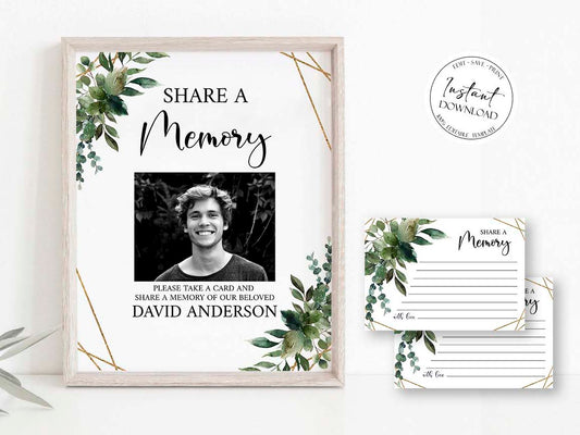 Watercolor Greenery Gold Share a Memory Funeral Sign Share a Memory Card Template, Greenery Gold Share a Memory Card, Greenery Gold Memory Card Q1