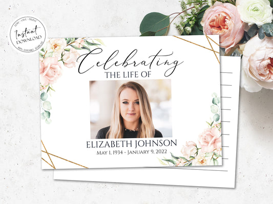 Celebration of life Blush Pink Funeral Guest Book Template, Printable Watercolor Roses Remembrance Memorial Guest Book Condolence Book P4