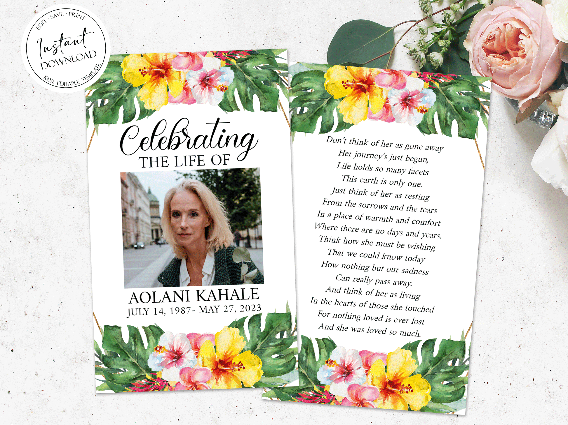 Celebration Of Life Hawaiian Tropical Plumeria Funeral Prayer Card Template Printable Memorial Prayer Card Hawaiian Funeral Prayer Card Catholic Mass Card Obituary Card