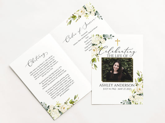 Celebration of Life White Greenery Floral Gold Cross Funeral Program Template, White Greenery Funeral Memorial Program, Printable Gold Cross Funeral Program for woman