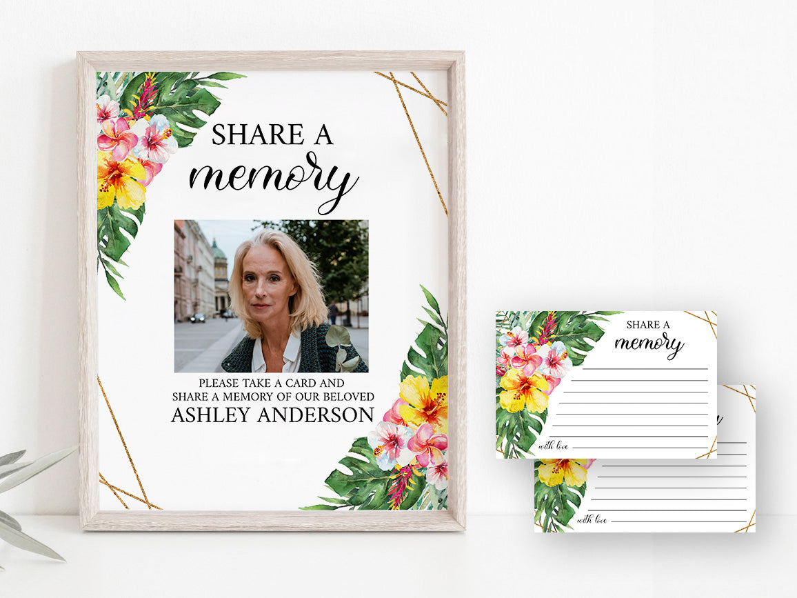 Tropical Hawaiian Share a Memory Funeral Sign Share a Memory Card Template, Tropical Funeral Memory Card Editable Funeral share a memory template H1