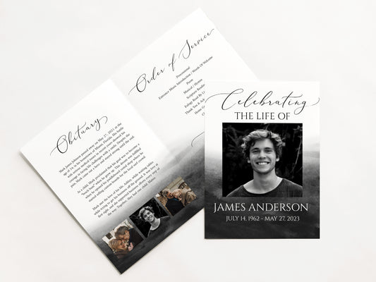 Celebration of Life Black Watercolor Funeral Program Template, Black Watercolor Funeral Brochure, Black Memorial Program, Black Obituary Program for men B6