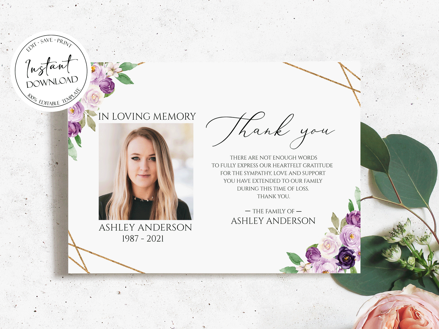 Funeral thank you, Celebration of life, Funeral Thank You Photo, Memorial Card, Printable Thank You Card Template, Editable Sympathy Card Celebration of life Purple Floral Funeral Photo Thank You Card Template P1