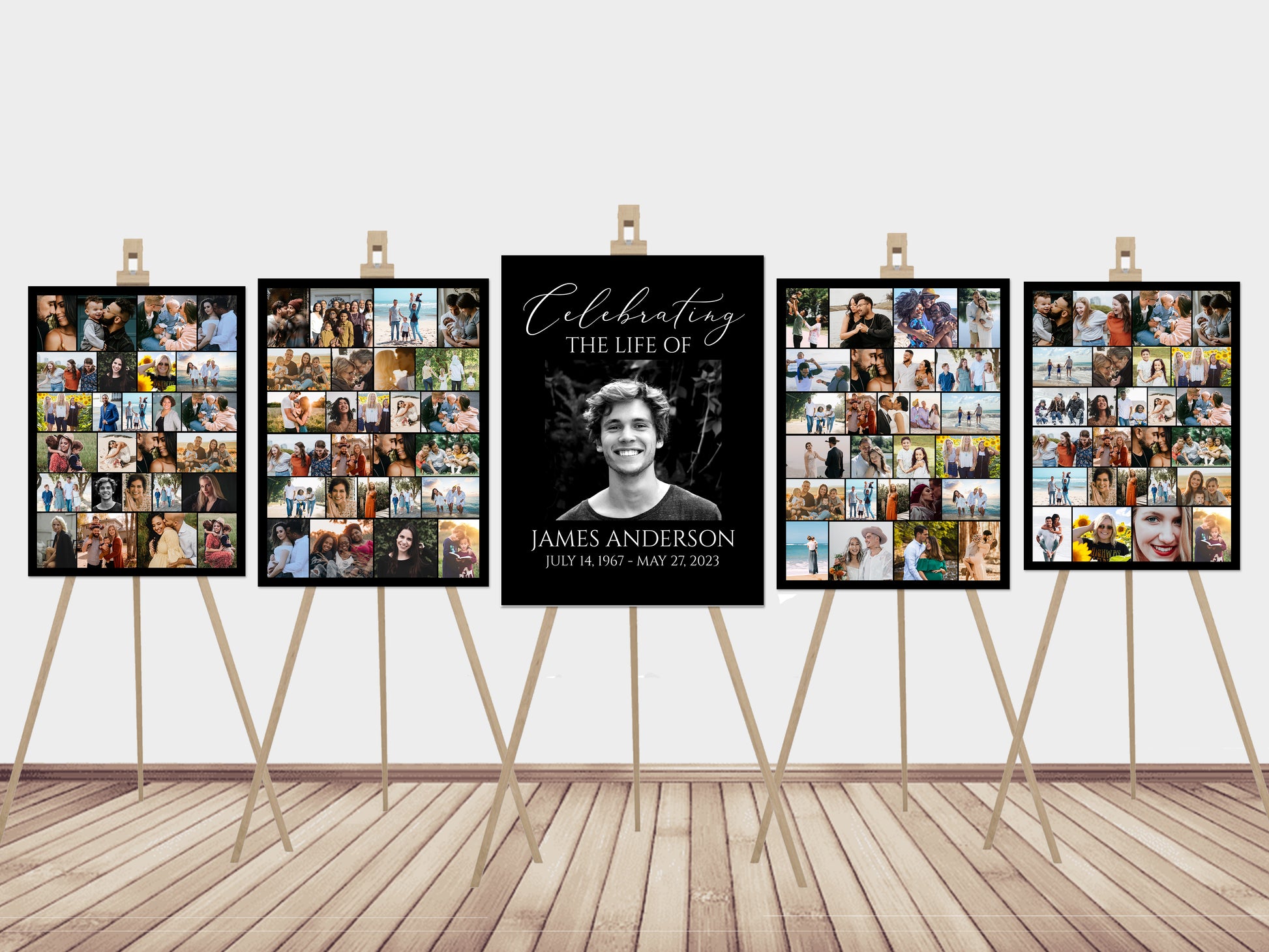 Celebration Of Life Minimalist Elegant Black 5 Photo Collage Funeral Welcome Sign Set Template, Black  Watercolor Memorial Sign Funeral Poster Photo Display Set of 5 