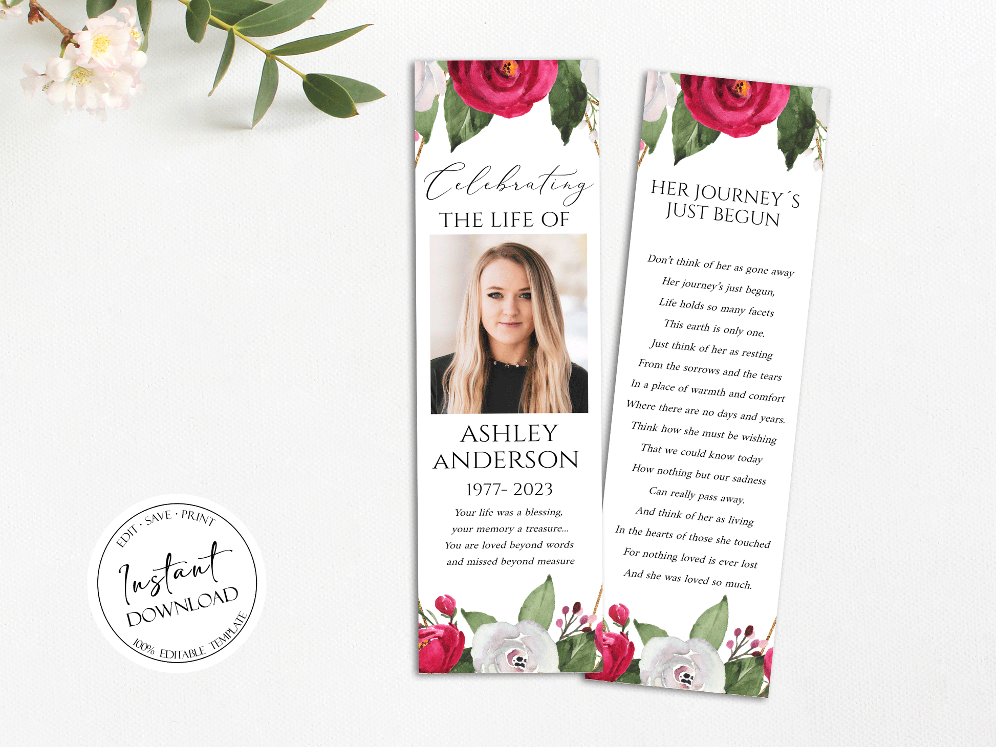 Celebration of Life White Pink Roses Funeral Bookmark Template, Celebration of Life Bookmark, Funeral Keepsake Cards, Pink Roses Memorial Bookmark, Obituary Bookmark P2