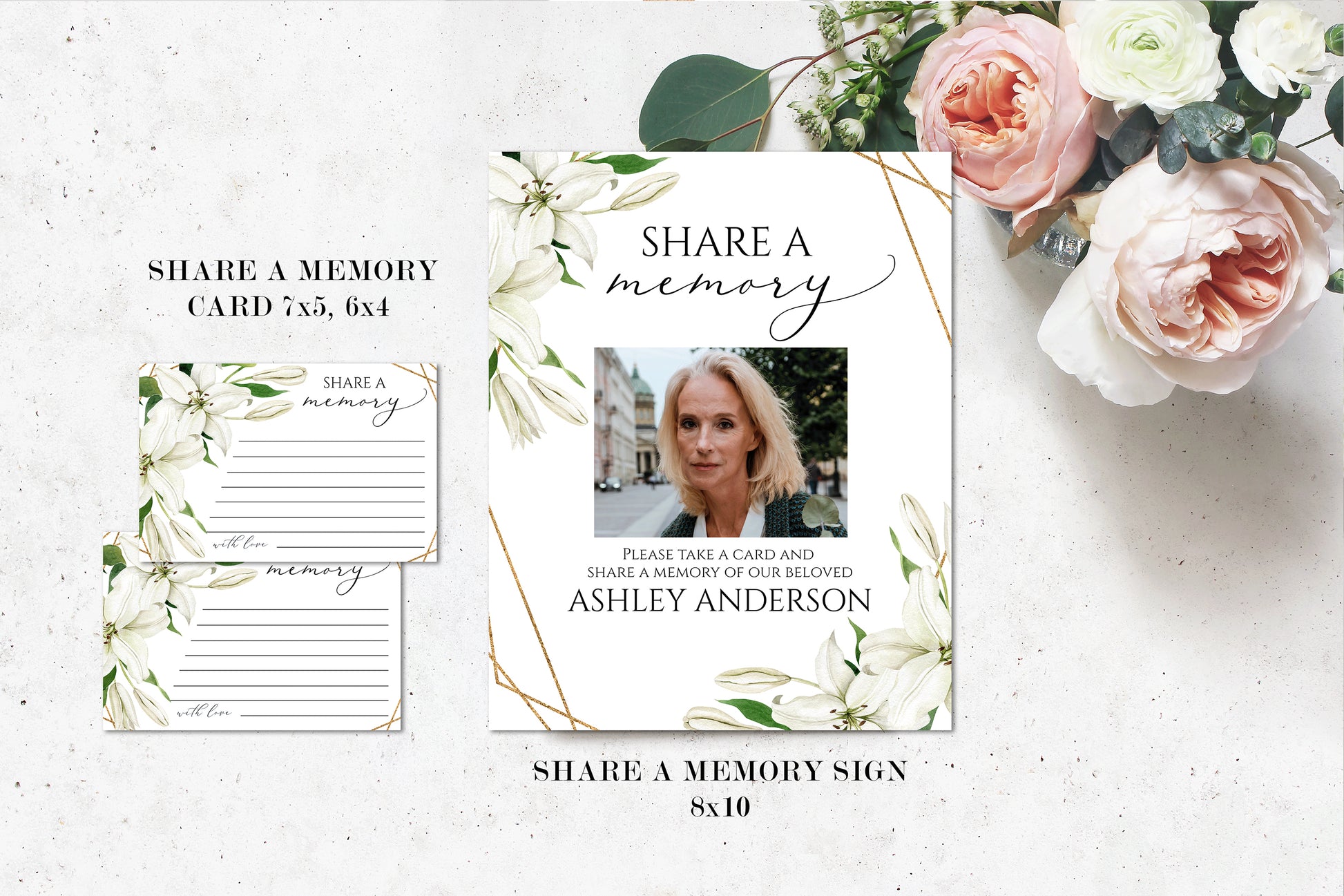 Editable Celebration Of Life White Lilies Greenery Gold Funeral Bundle Set, Celebration of Life Package, White Lilies Greenery Funeral Templates Bundle, White Lilies Funeral