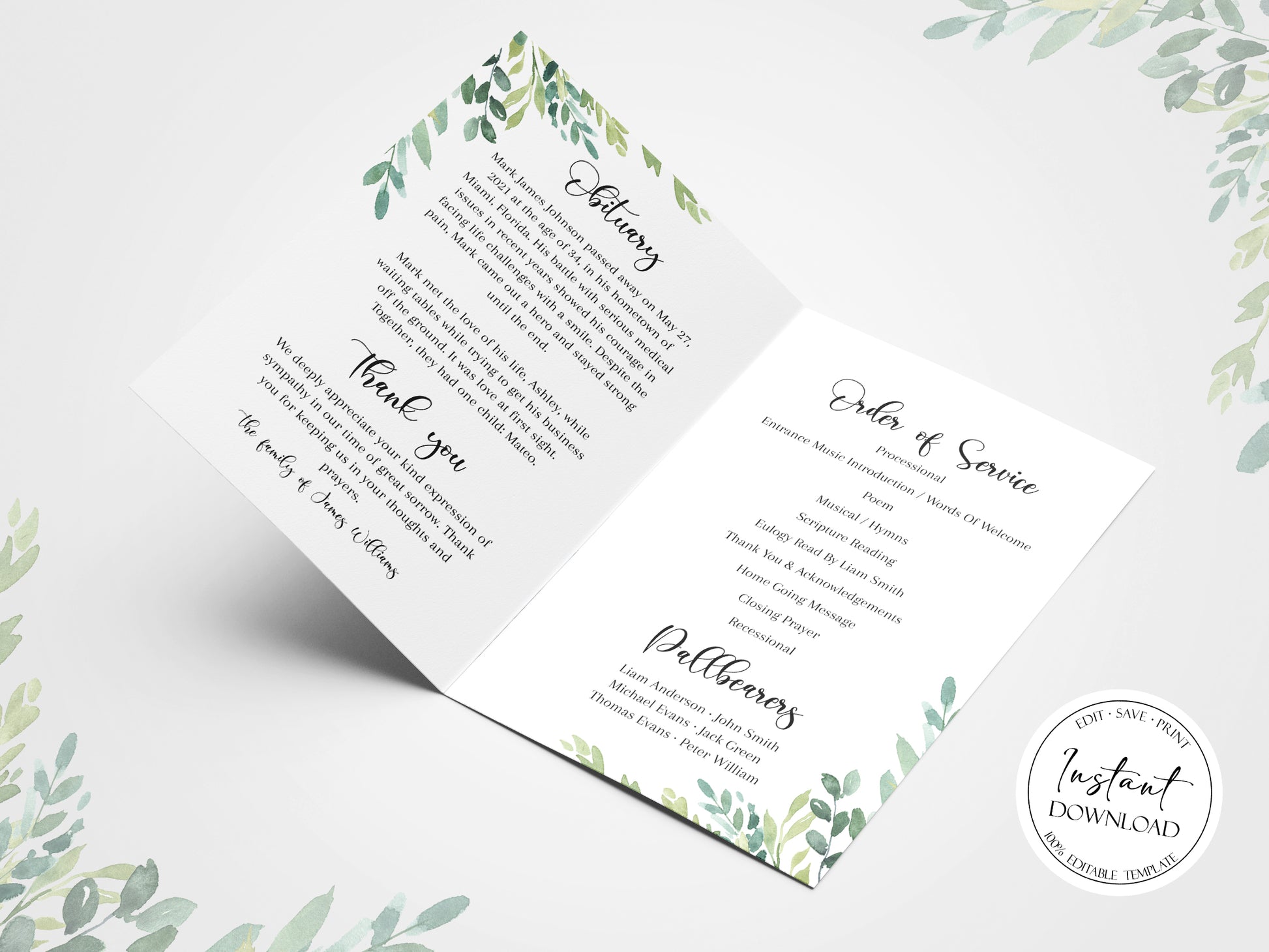 11x17 Celebration of life Watercolor Greenery Funeral Program Template G2, Template Memorial Program, Funeral Brochure, Obituary Program, Editable Funeral Program Template