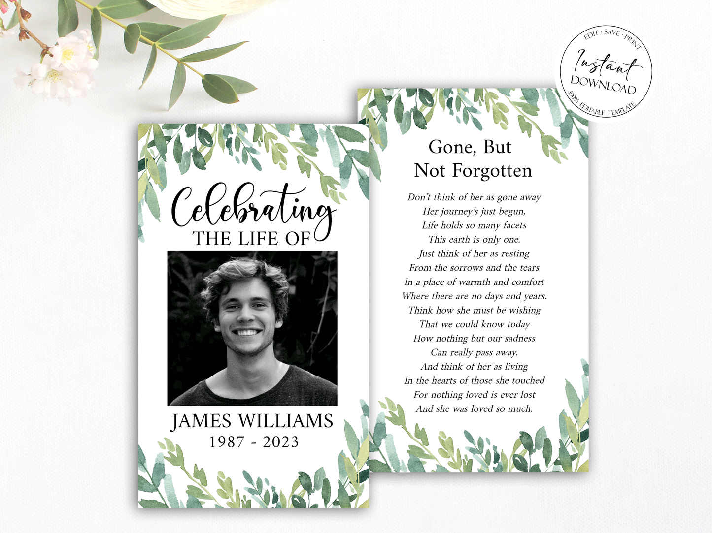 Celebration Of Life Watercolor Greenery Funeral Prayer Card Template, Printable Greenery Memorial Prayer Card Template, Greenery Funeral Prayer Card Green Catholic Prayer Cards G2