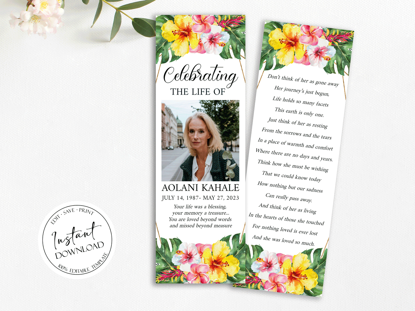 Celebration of Life Hawaiian Tropical Plumeria Funeral Bookmark Template, Hawaiian Funeral Bookmark, Funeral Keepsake Cards, Memorial Bookmark, Obituary Bookmark, Keepsake Cards H1