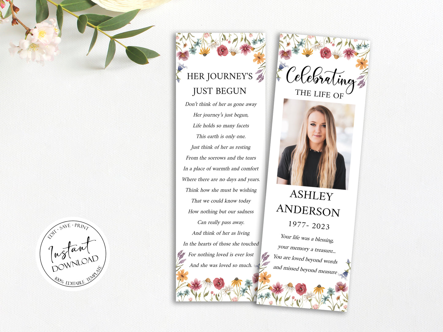 Celebration of Life Red Greenery Wildflower Meadow Funeral Bookmark Template, Wildflower Funeral Bookmark, Funeral Keepsake Cards, Wildflower Memorial Bookmark