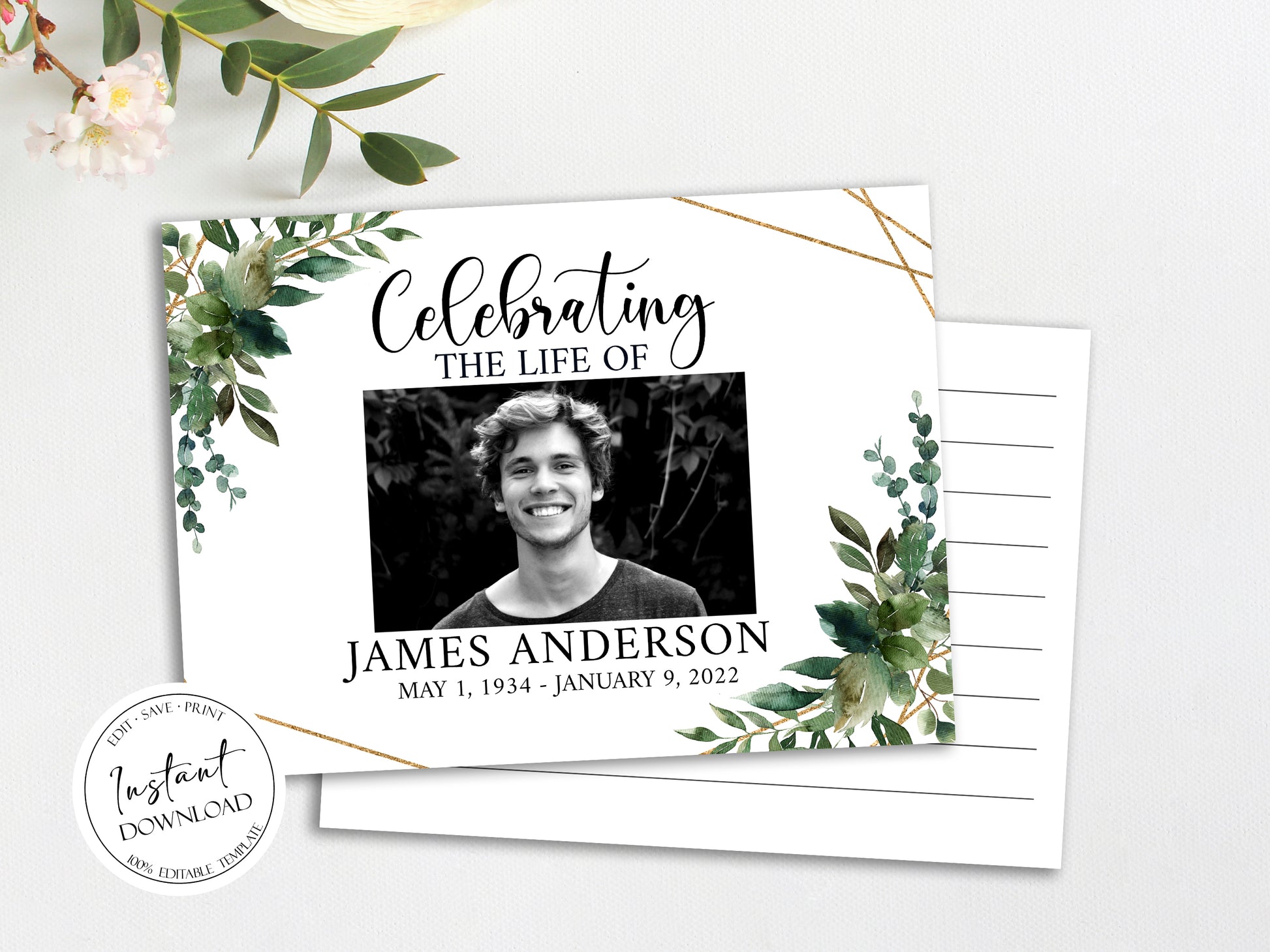 Celebration of life Greenery Funeral Guest Book Template, Printable Greenery Watercolor Remembrance Memorial Guest Book Condolence Book, Instant Download