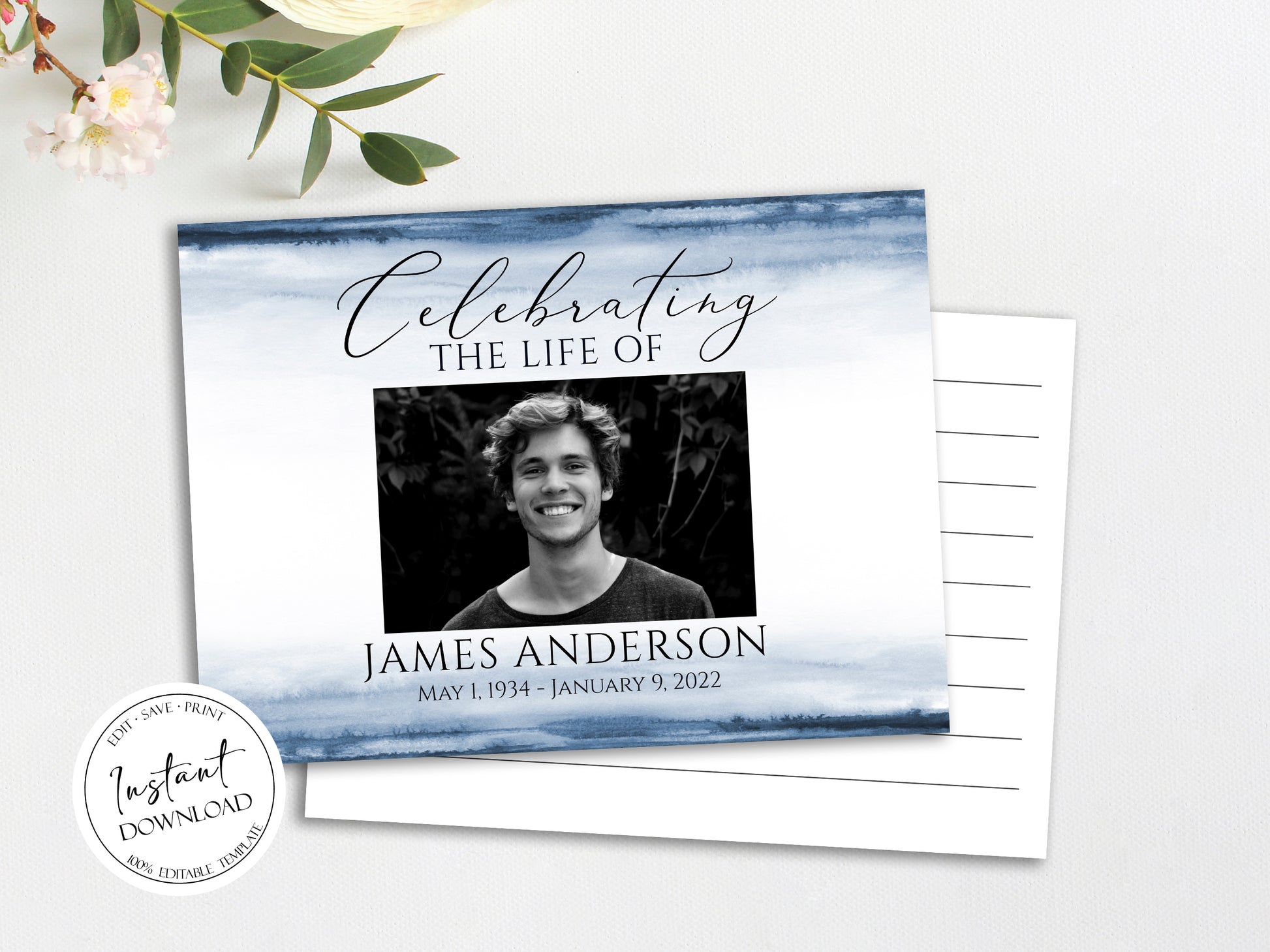 Celebration of life Blue Watercolor Funeral Guest Book Template, Printable Ocean Watercolor Remembrance Memorial Guest Book Condolence Book, Instant Down