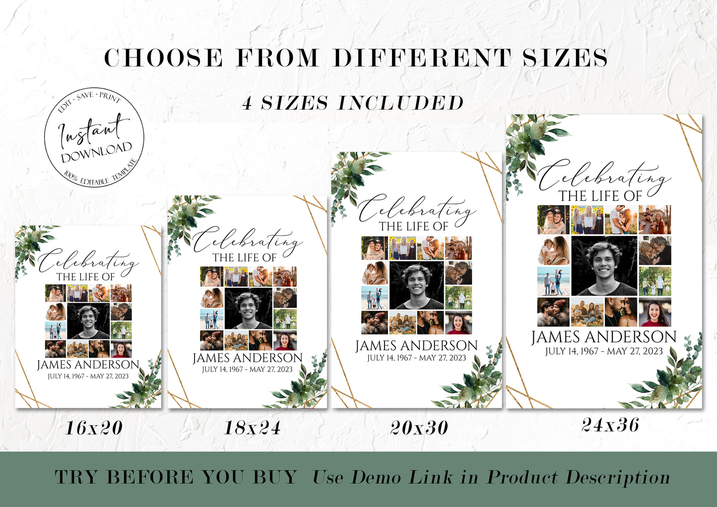 Celebration Of Life Watercolor Greenery Gold Photo Collage Funeral Welcome Sign Template, Greenery Photo Collage Funeral Poster, Photo Collage Memorial Sign Q1