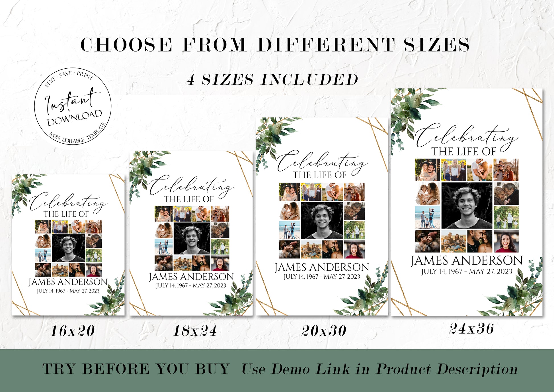 Celebration Of Life Watercolor Greenery Gold Photo Collage Funeral Welcome Sign Template, Greenery Photo Collage Funeral Poster, Photo Collage Memorial Sign Q1