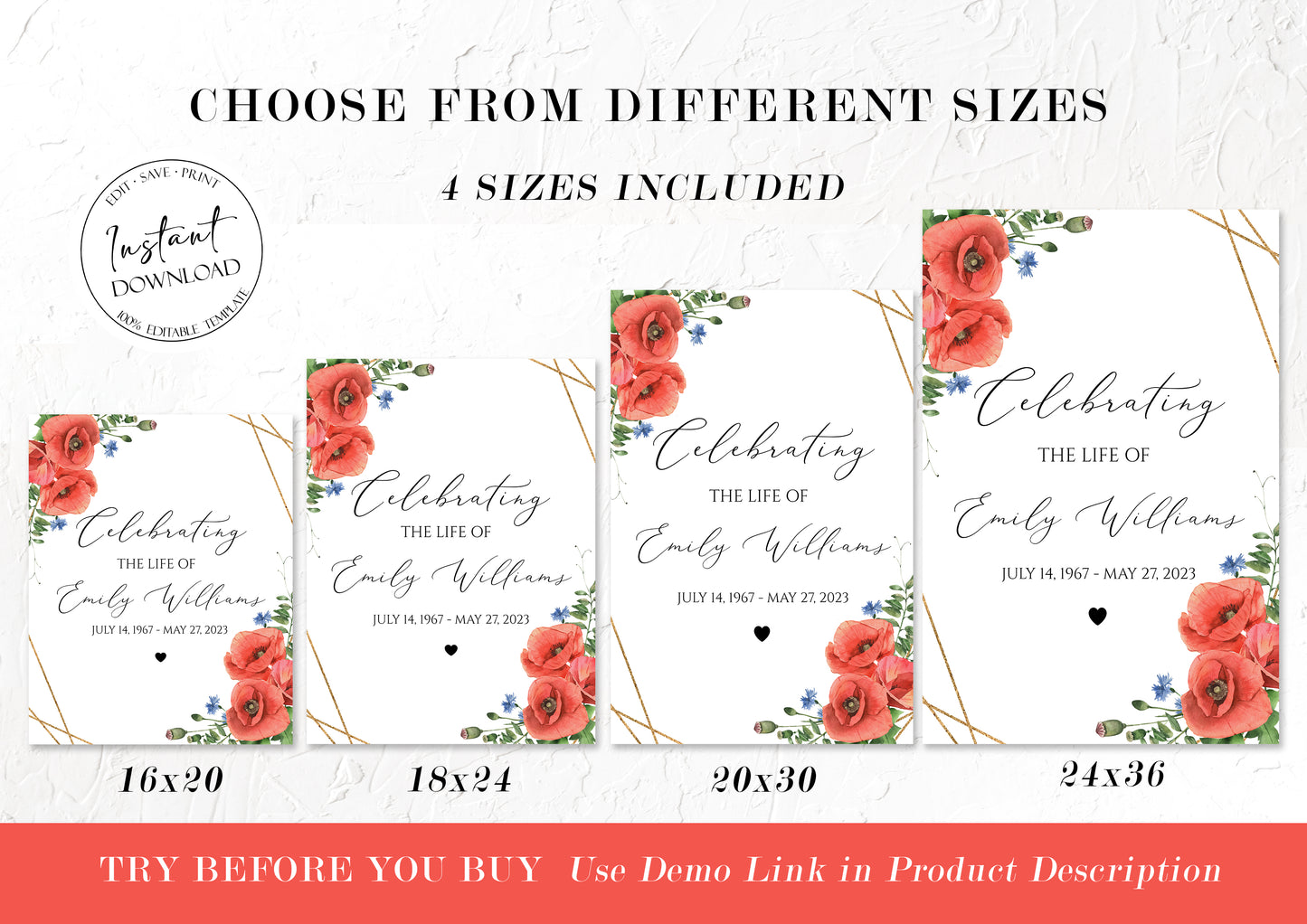 Celebration Of Life Red Poppies Greenery Funeral Welcome Sign Template, Red Poppies Greenery Memorial Sign, Editable Red Funeral Sign, Red Poppies Greenery Funeral