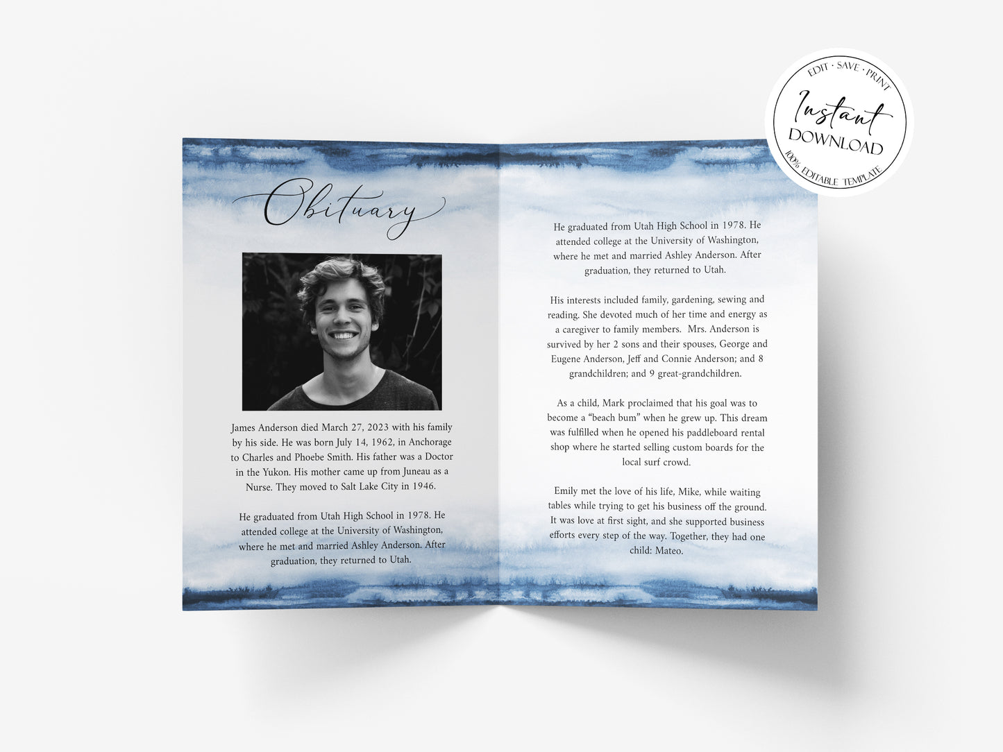 Celebration of Life 8 Page Blue Watercolor Funeral Program Template B4