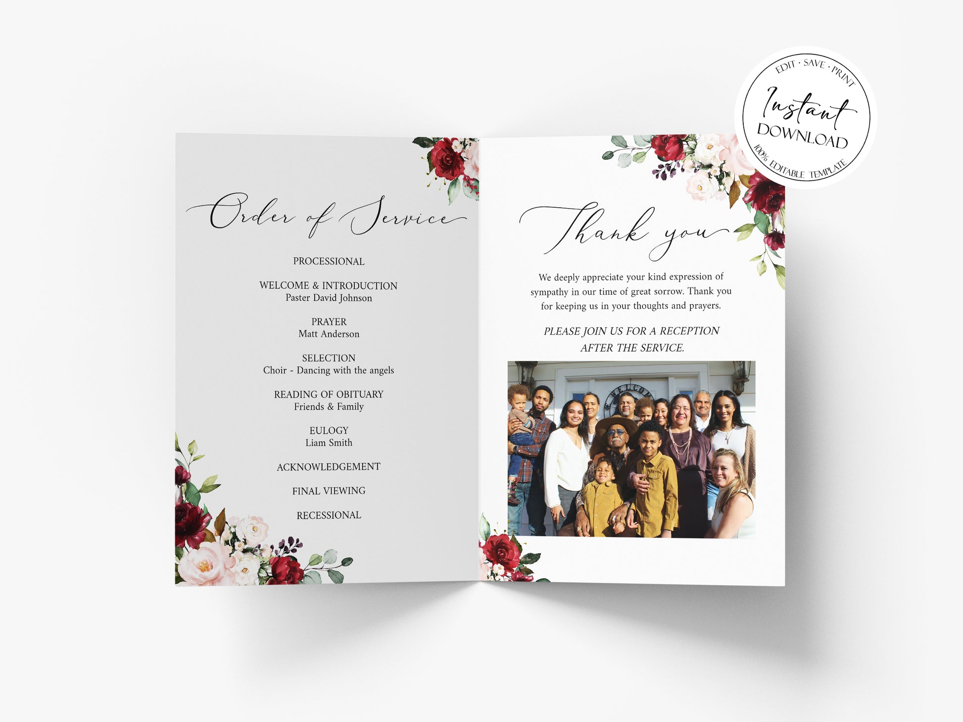 Red Roses 8 Page Funeral Program Template, Celebration of Life Program, Red Roses Memorial Program, Roses Obituary Funeral Mass Program R1