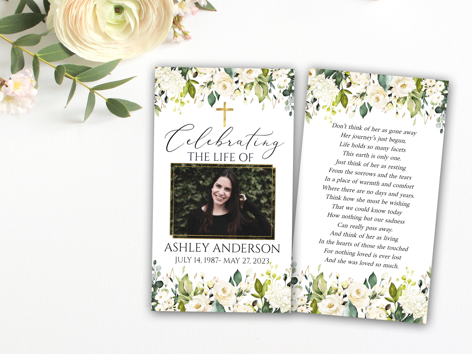 Celebration of life White Greenery Floral Gold Cross Funeral Prayer Card Template , Printable White Greenery Floral Memorial Prayer Cards, Gold Cross Catholic Mass Card 