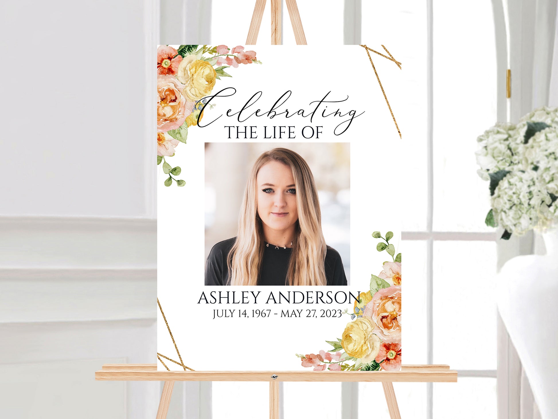 Celebration Of Life Elegant Yellow Pink Floral Funeral Welcome Sign Template, Elegant Yellow Pink Floral Memorial Sign, Editable Elegant Yellow Pink Floral Funeral Poster