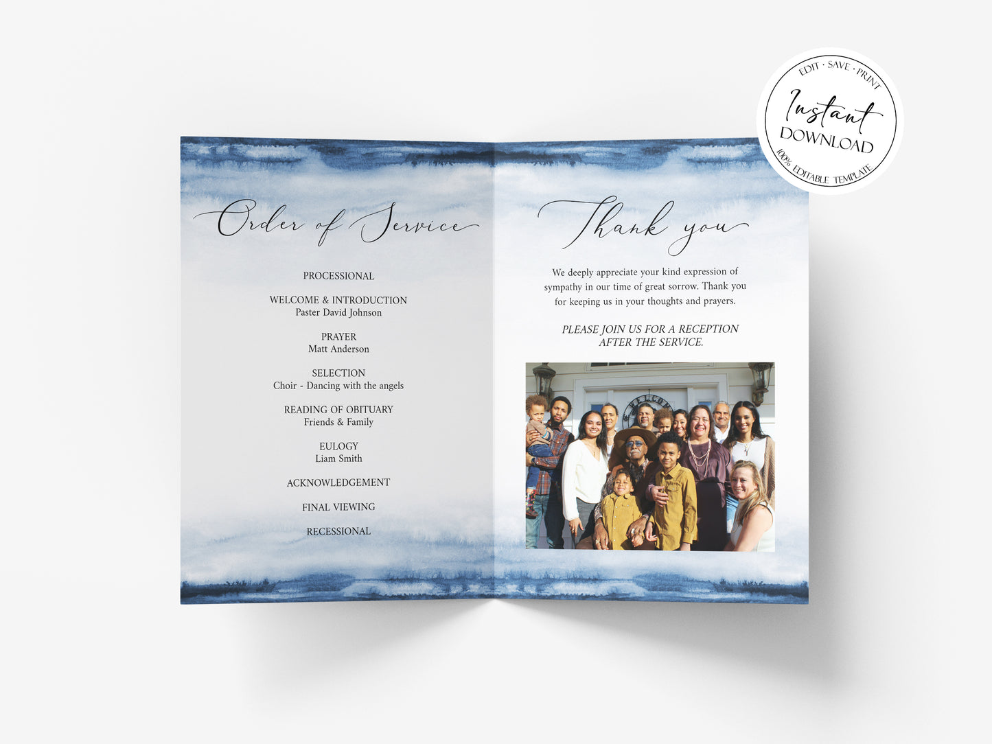 Celebration of Life 8 Page Blue Watercolor Funeral Program Template B4