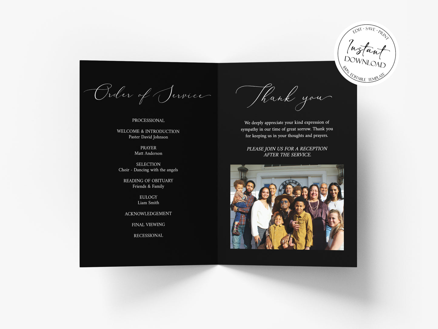 Celebration of Life 8 Page Minimalist Elegant Black Funeral Program Template, Minimalist Black Funeral Memorial Program, Obituary Program Template B7