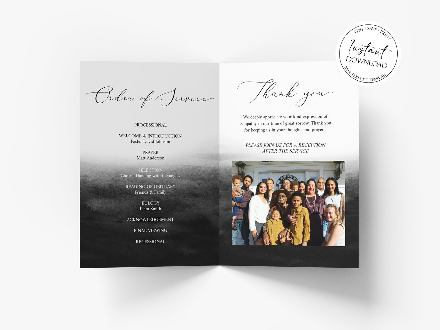 Celebration of Life 8 Page Black Watercolor Funeral Program Template, Black Watercolor Funeral Memorial Program, Obituary Program Template