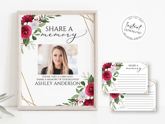 White Pink Roses Share a Memory Funeral Sign and Share a Memory Card Template, White Pink Roses Funeral Memory Cards, Editable Funeral Share a Memory Cards P2