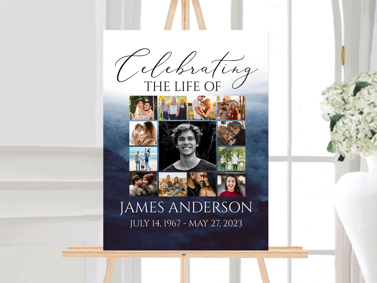 Celebration Of Life Blue Watercolor Photo Collage Funeral Welcome Sign, Ocean Photo Collage Funeral Poster Blue Photo Collage Memorial Sign B5