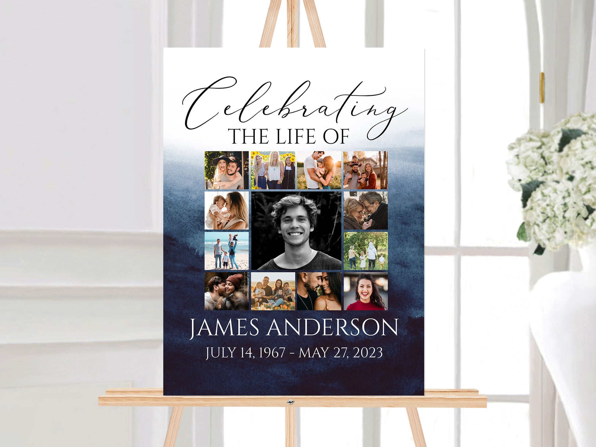 Celebration Of Life Blue Watercolor Photo Collage Funeral Welcome Sign, Ocean Photo Collage Funeral Poster Blue Photo Collage Memorial Sign B5