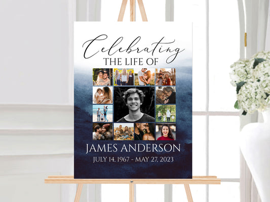 Celebration Of Life Blue Watercolor Photo Collage Funeral Welcome Sign, Ocean Photo Collage Funeral Poster Blue Photo Collage Memorial Sign B5
